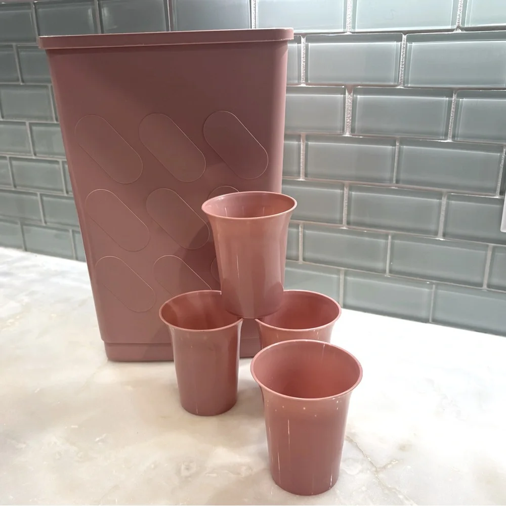 Vintage Mauve Waste Basket and Four Matching Cups